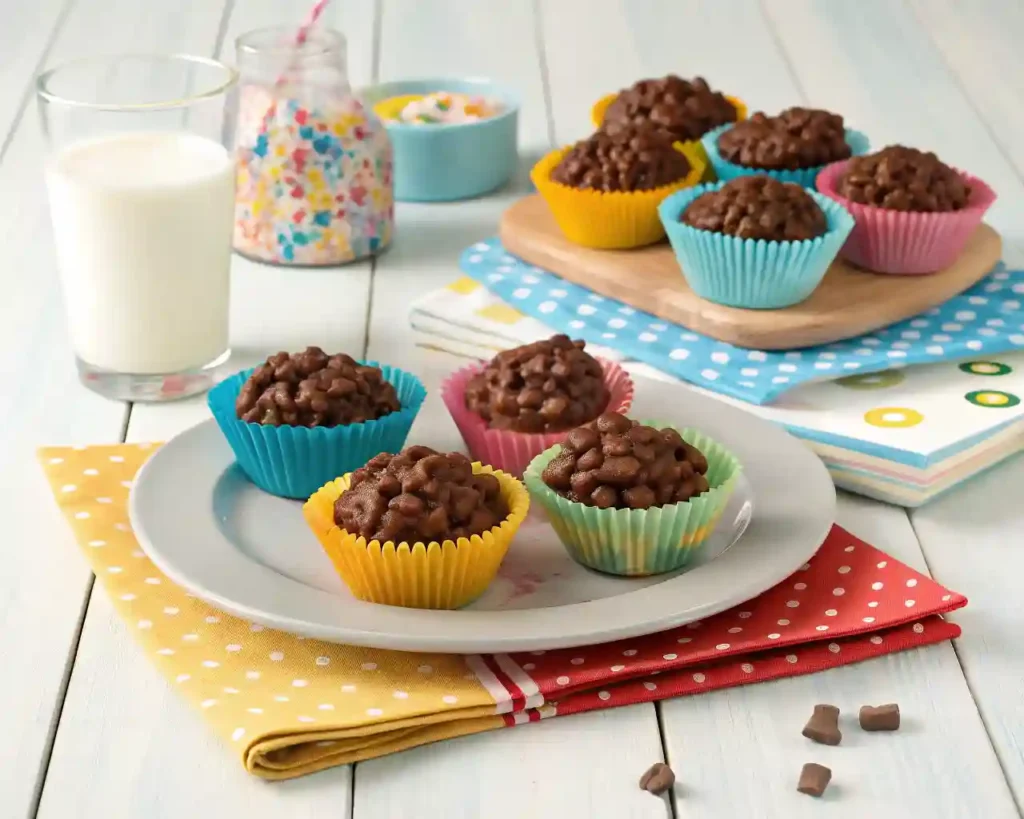 Chocolate Cornflake Cakes: No-Bake, No-Stress, All Joy 6 Chocolate cornflake cakes in bright wrappers served with milk and rainbow napkins