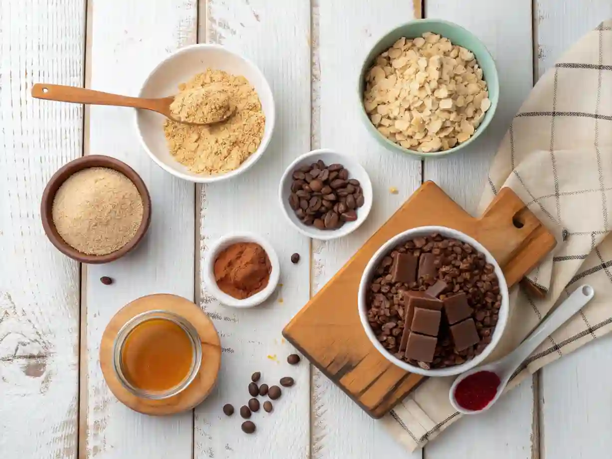 chocolate-oat-clusters-ingredients Top view of chocolate oat clusters ingredients including cocoa, coffee beans, oats, and syrup