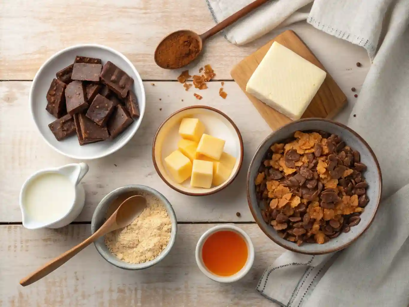 cornflake-cake-ingredients Flat lay of chocolate, butter, cornflakes, milk, and cocoa powder for cornflake cakes