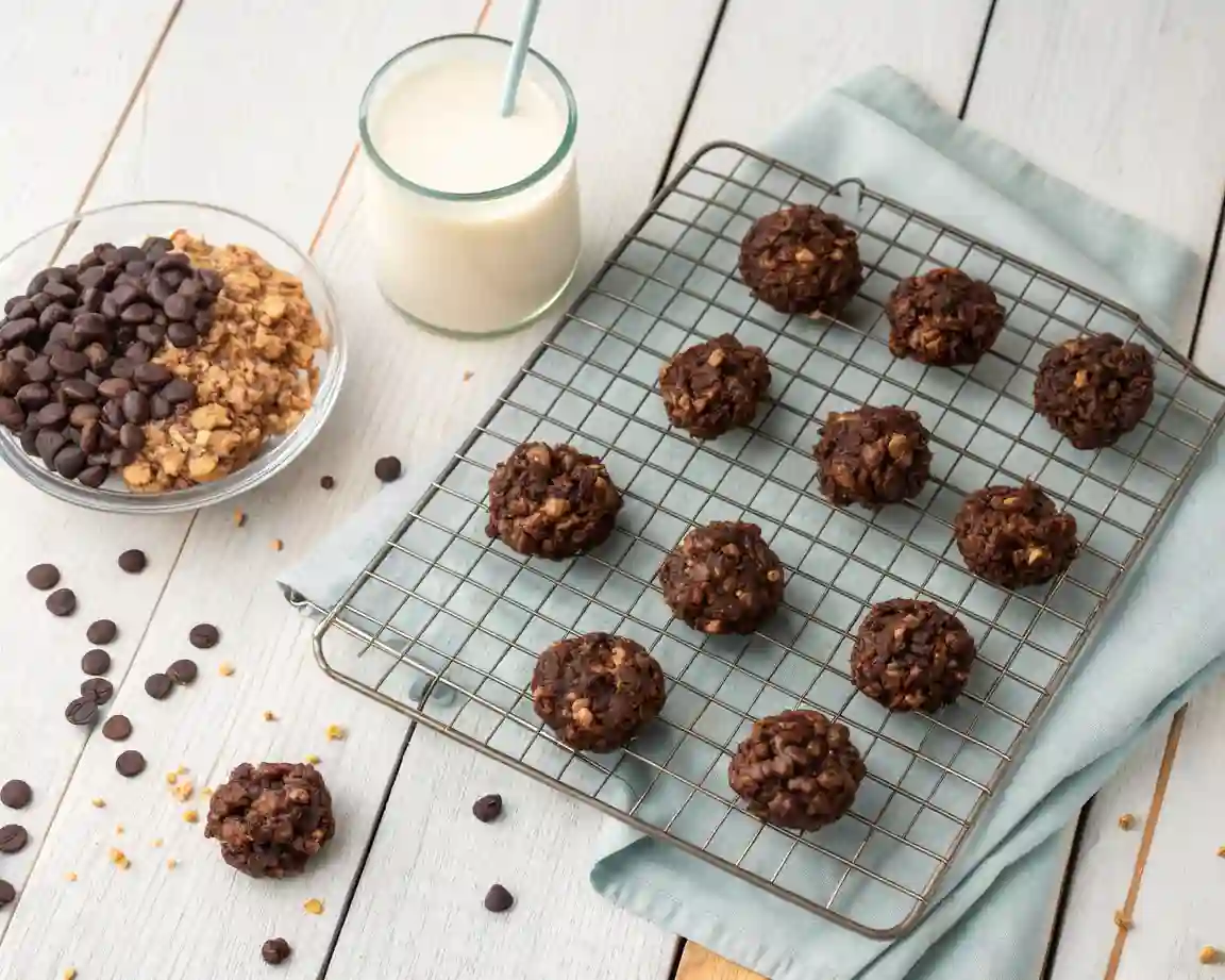 Cooling rack of chocolate oat clusters with bowl of ingredients and glass of milk