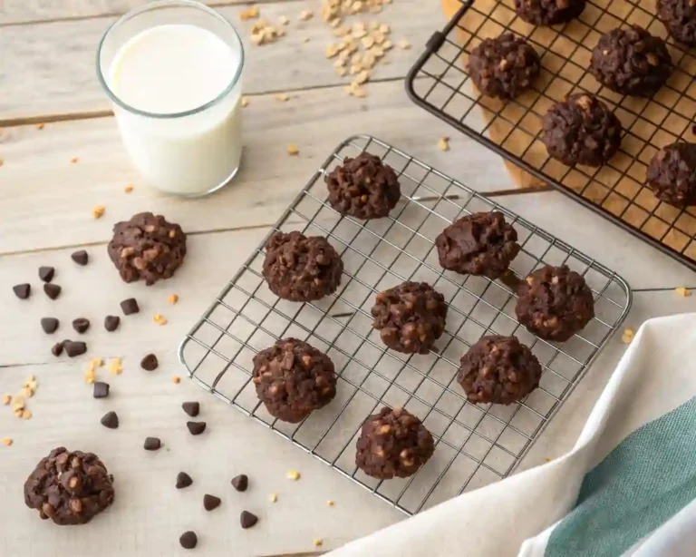 Easy Baking Recipes for Kids That Make Sweet Memories Without the Oven 3 No-bake chocolate oat clusters on cooling racks beside scattered chips and a glass of milk