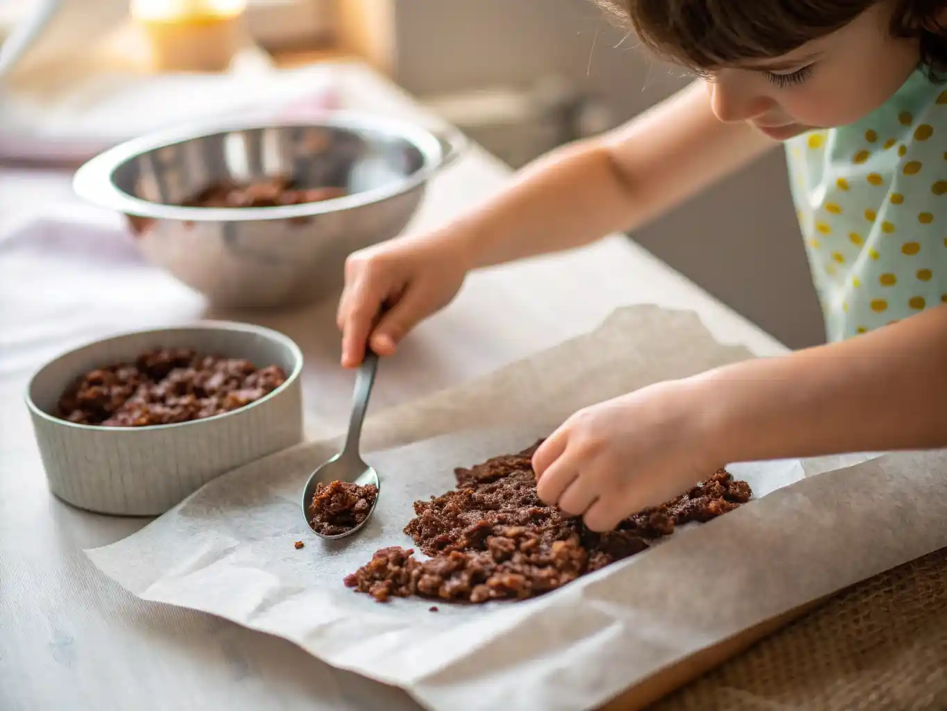 kid-shaping-no-bake-clusters Parent and child making easy baking recipes for kids