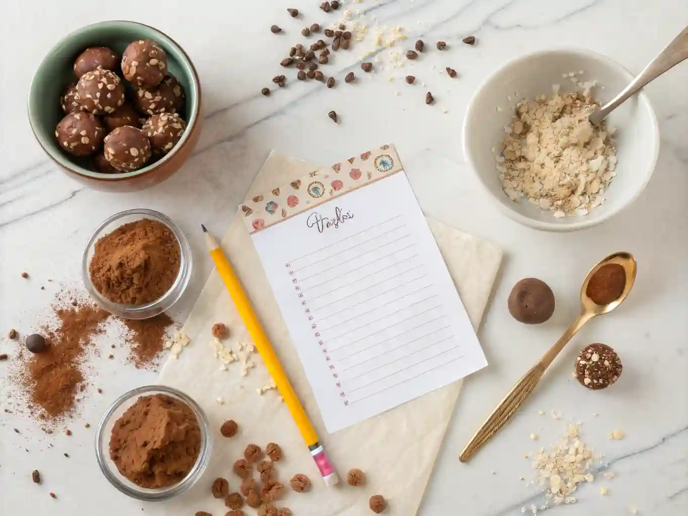 kids-baking-recipe-card Overhead view of recipe card surrounded by cocoa powder, oat bites, and baking ingredients