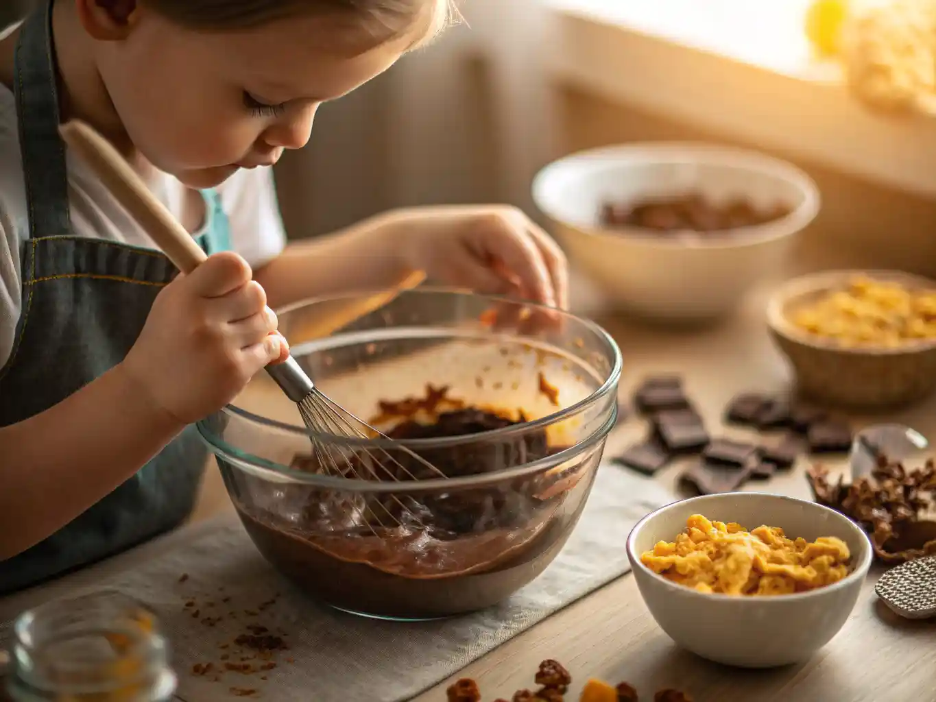 stirring-cornflakes-into-chocolate Young child whisking melted chocolate in a bowl surrounded by cornflakes and chocolate pieces