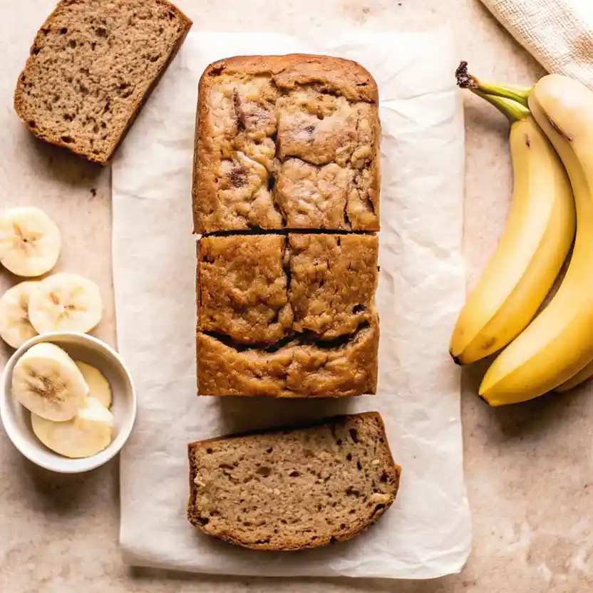 Moist & Fluffy Banana Bread (without baking soda) 4 Sliced banana bread loaf with bananas and banana slices on parchment paper