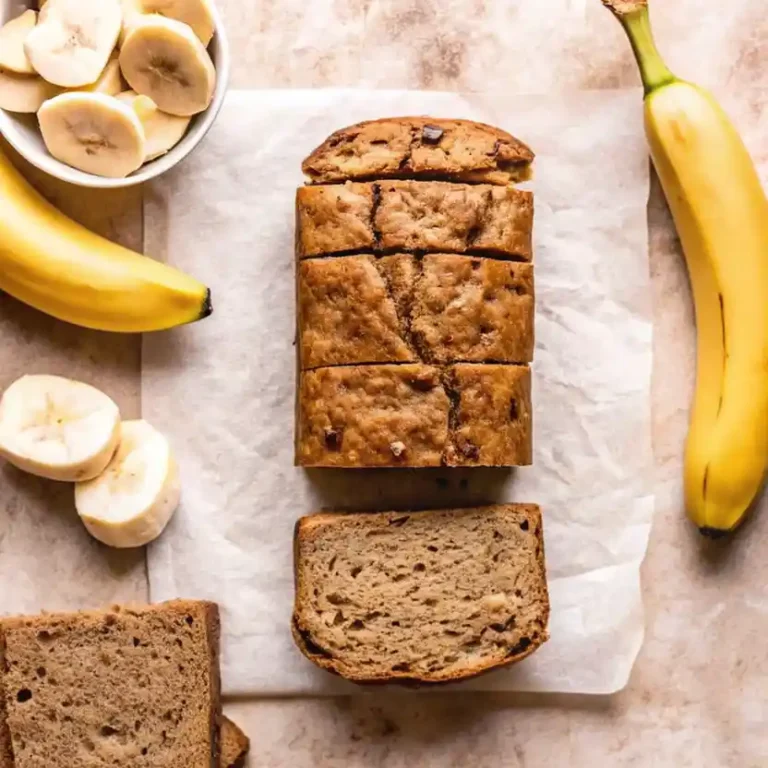 Moist & Fluffy Banana Bread (without baking soda) 3 Top-down view of banana bread loaf with banana slices and whole bananas