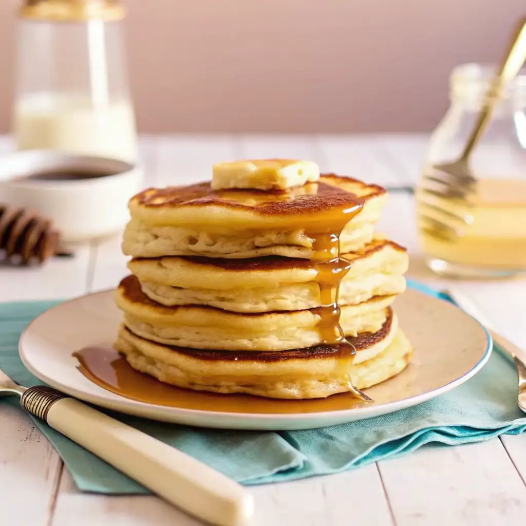 Soufflé Pancakes (Pancakes without Baking Powder) 5 Stack of fluffy pancakes topped with butter and maple syrup on breakfast table