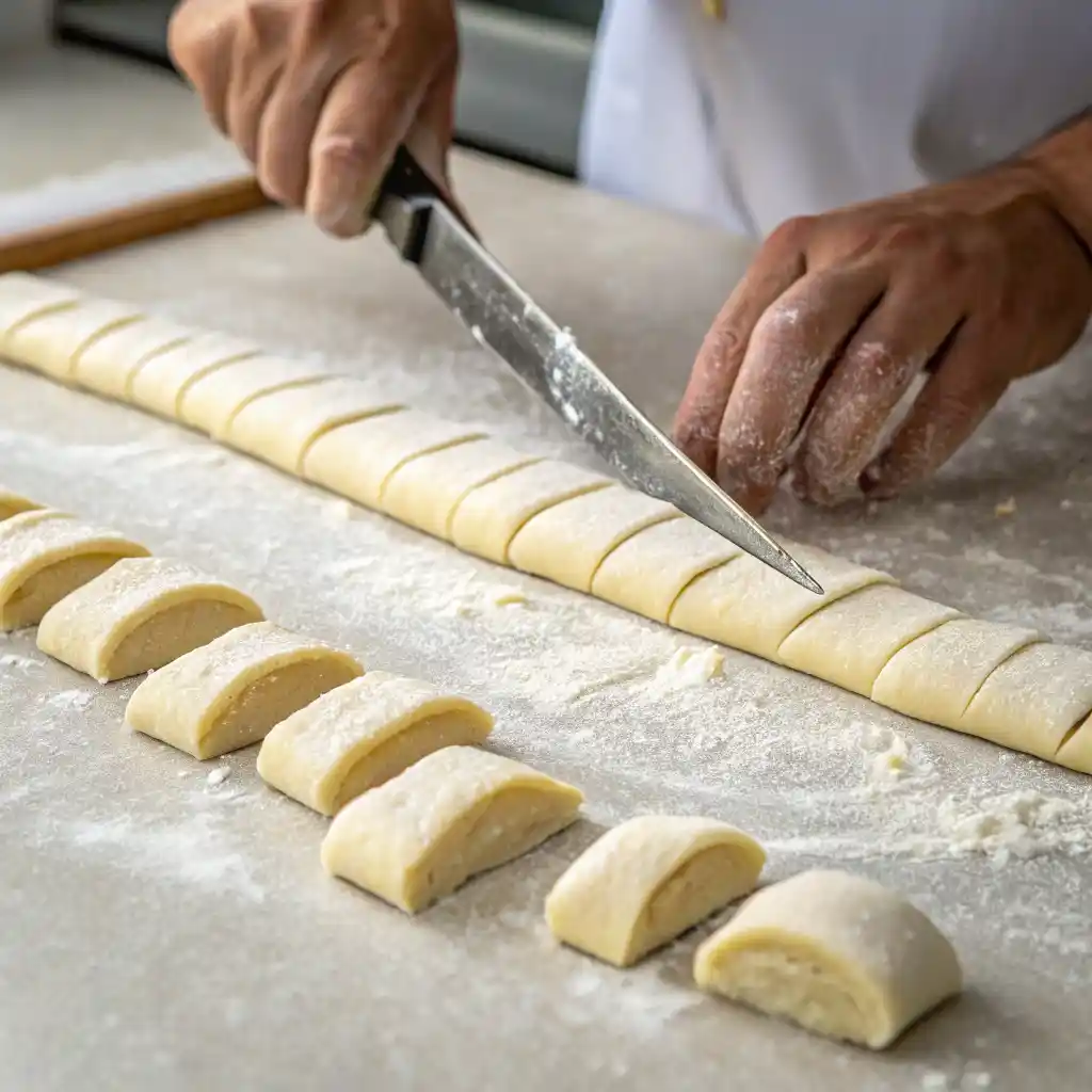pretzel-bites-dough-cutting Hands slicing dough into even pieces on a floured surface