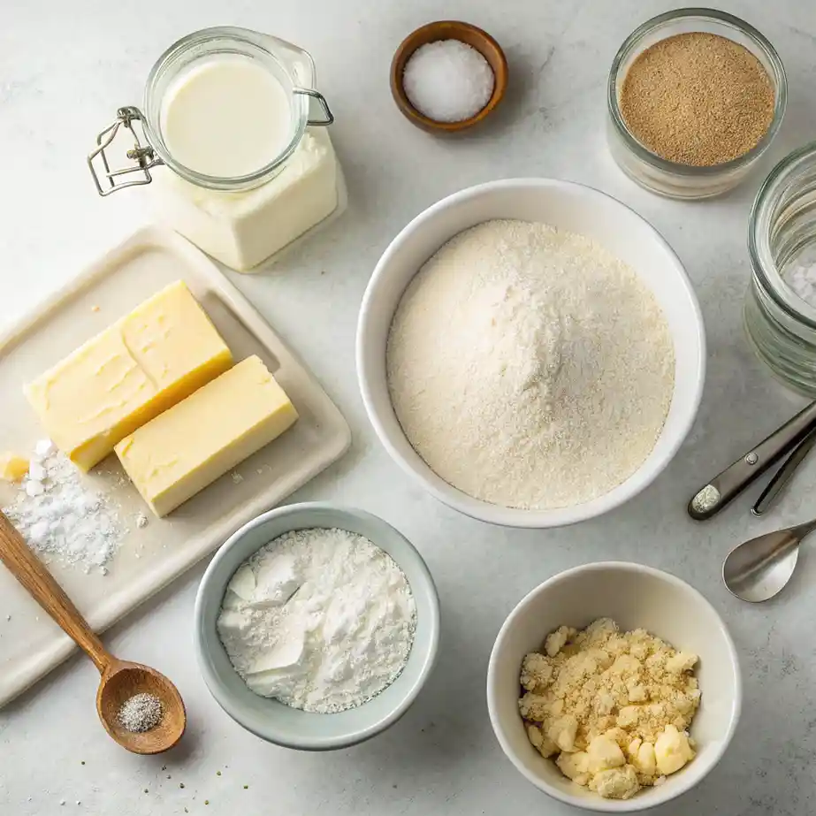 pretzel-bites-ingredients Overhead shot of flour, butter, yeast, milk, and salt in bowls