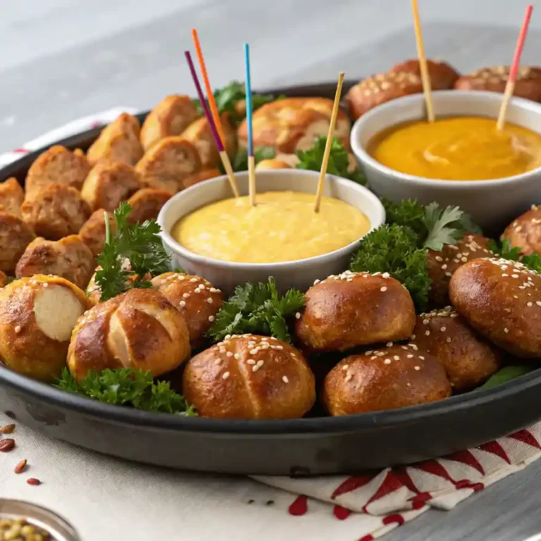 Soft Pretzel Bites Recipe – Warm, Chewy, and Perfect for Family Snacking 3 Pretzel bites with sesame seeds and mustard dipping sauce on a tray
