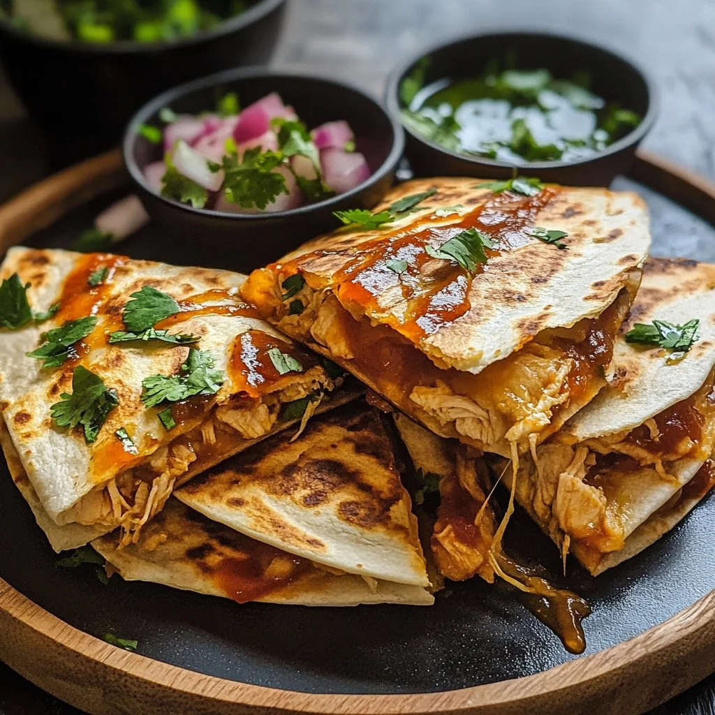 Delicious BBQ chicken quesadillas served with dipping sauce