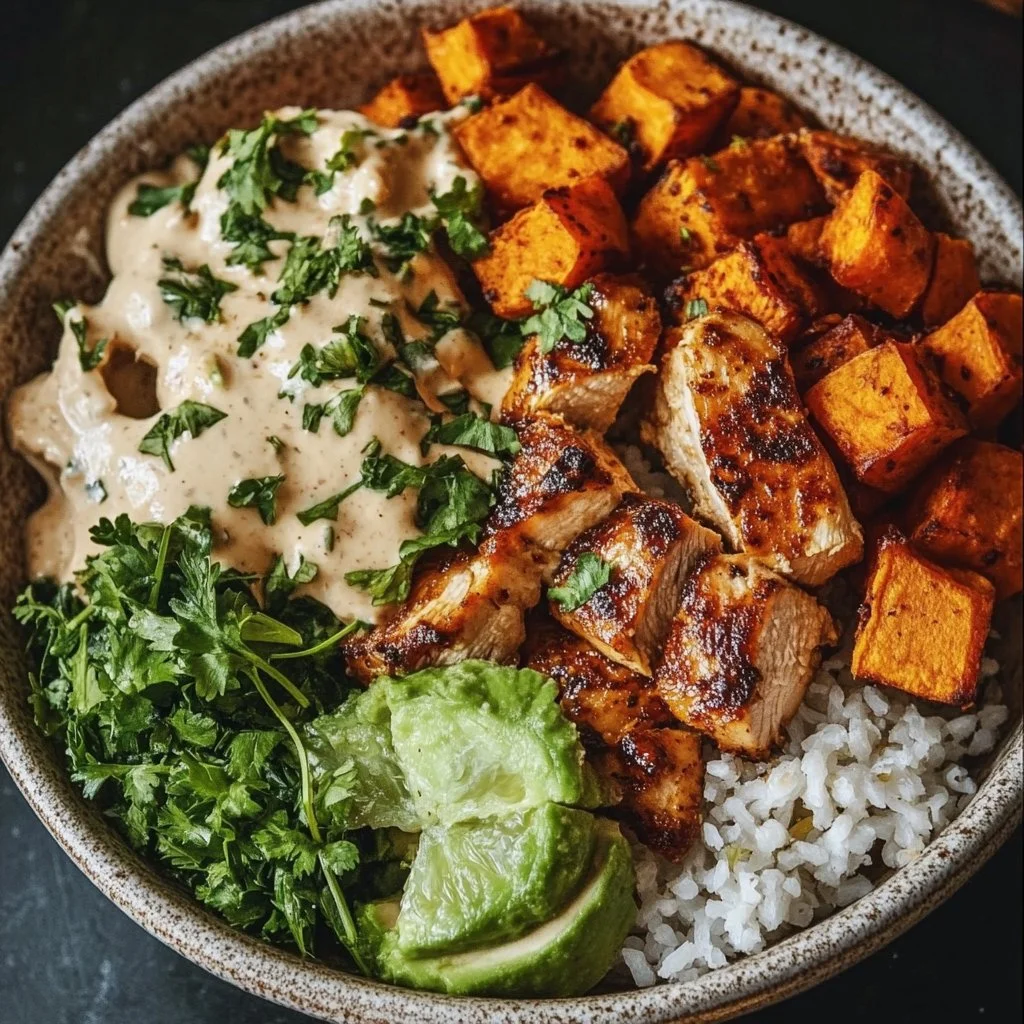 Healthy Chicken and Sweet Potato Bowls with colorful vegetables