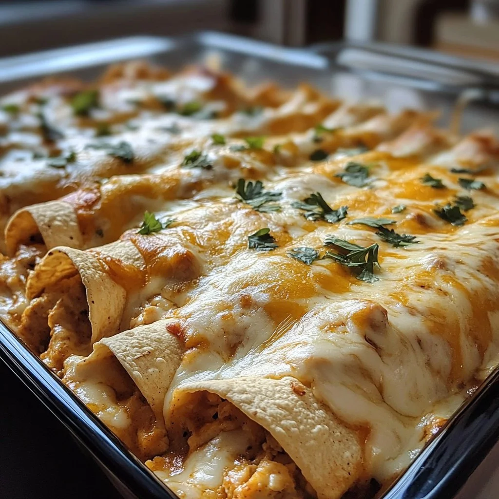 Delicious chicken enchiladas topped with dreamy white sauce ready to serve.