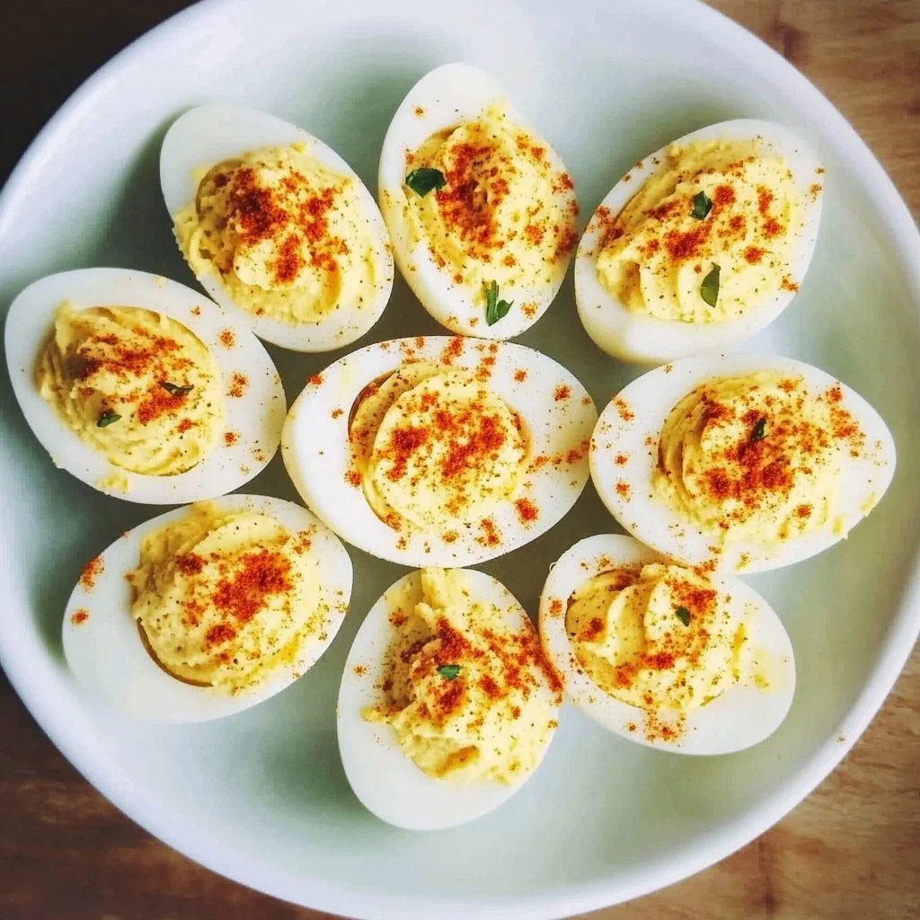 Classic deviled eggs topped with paprika and herbs on a serving platter.