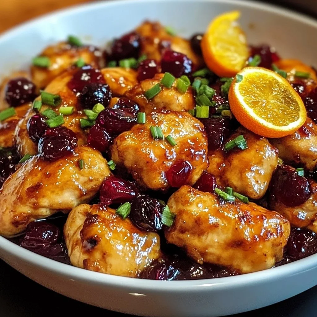 Dish of Cranberry Orange Chicken served with garnish