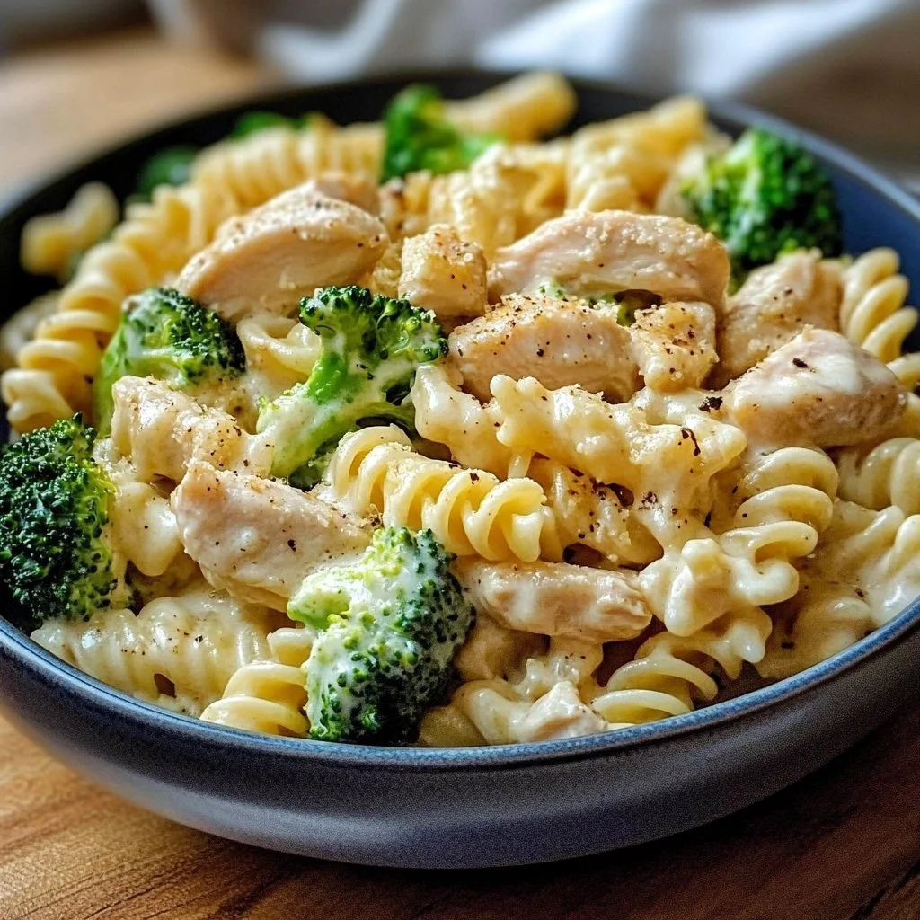 Creamy rotisserie chicken broccoli pasta dish served on a plate