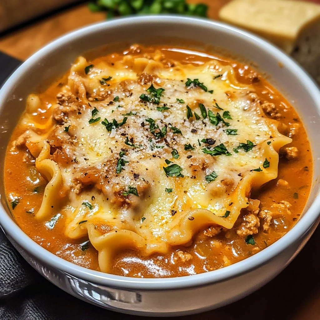 Bowl of creamy lasagna soup topped with cheese and basil