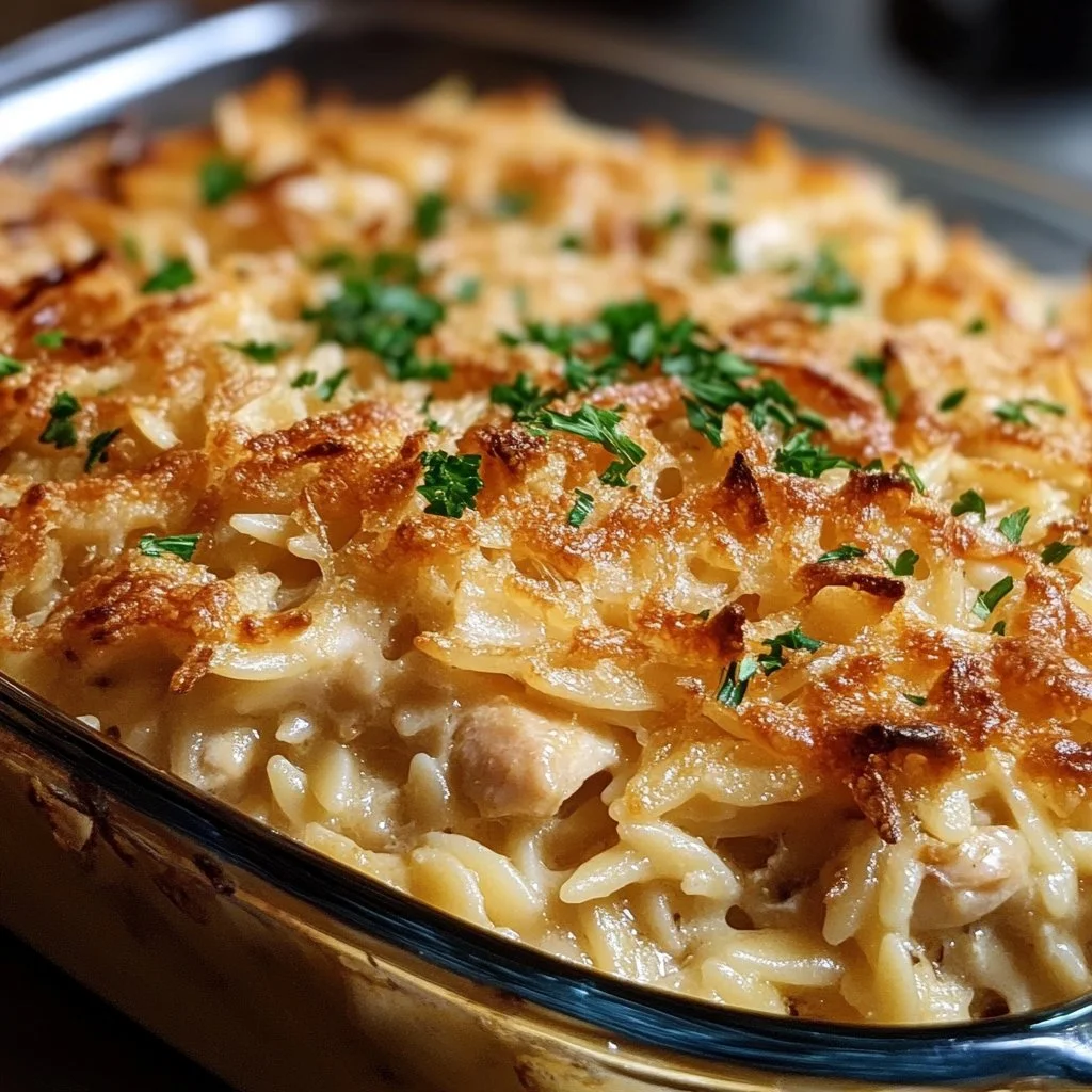 French Onion Chicken Orzo Casserole topped with melted cheese and herbs.