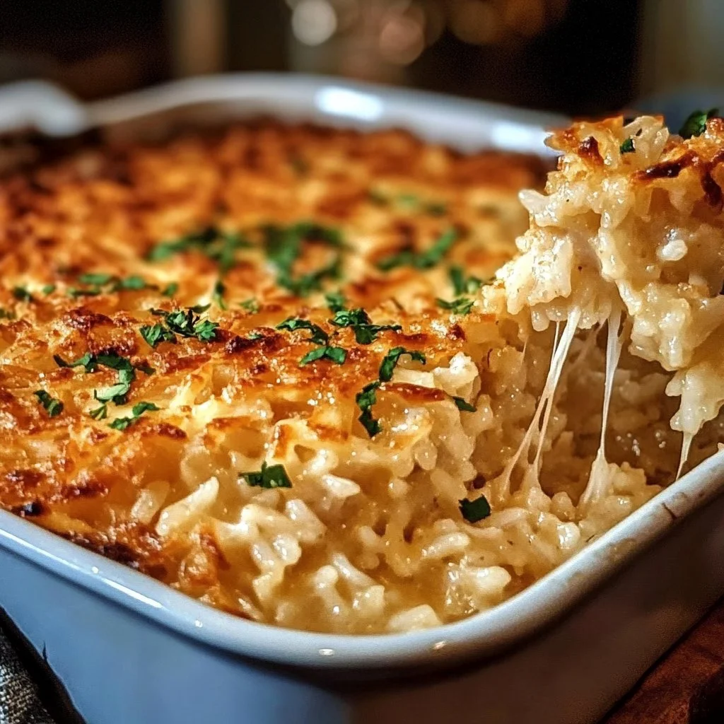 French onion chicken rice bake served in a dish with melted cheese on top.