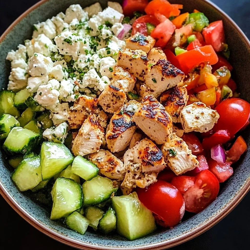 Healthy Greek Chicken Bowls with fresh vegetables and flavorful sauce.