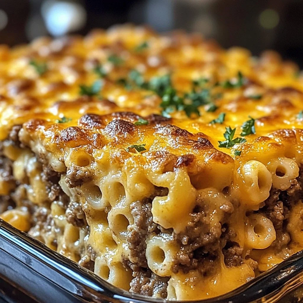 Mac and Cheese Meatloaf Casserole served in a baking dish