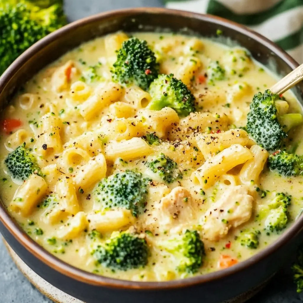 Delicious broccoli pasta chicken dish with vibrant vegetables and healthy ingredients.