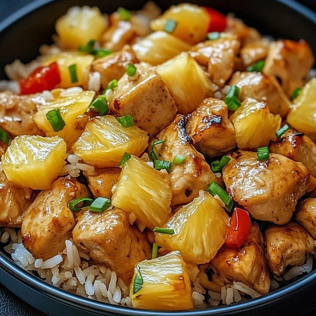 Delicious Pineapple Chicken served with rice in a vibrant dish