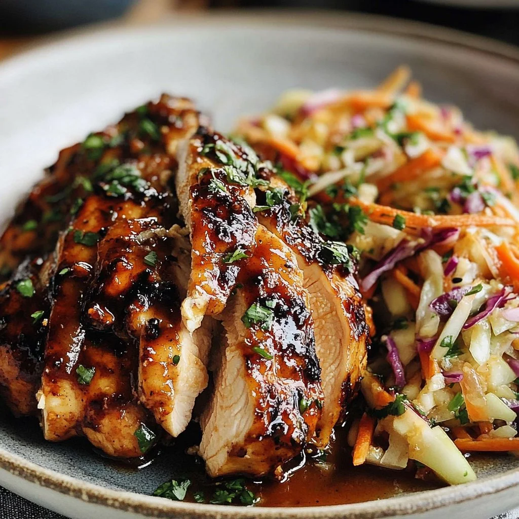 Delicious sticky apple cider chicken served with autumn slaw on a plate.