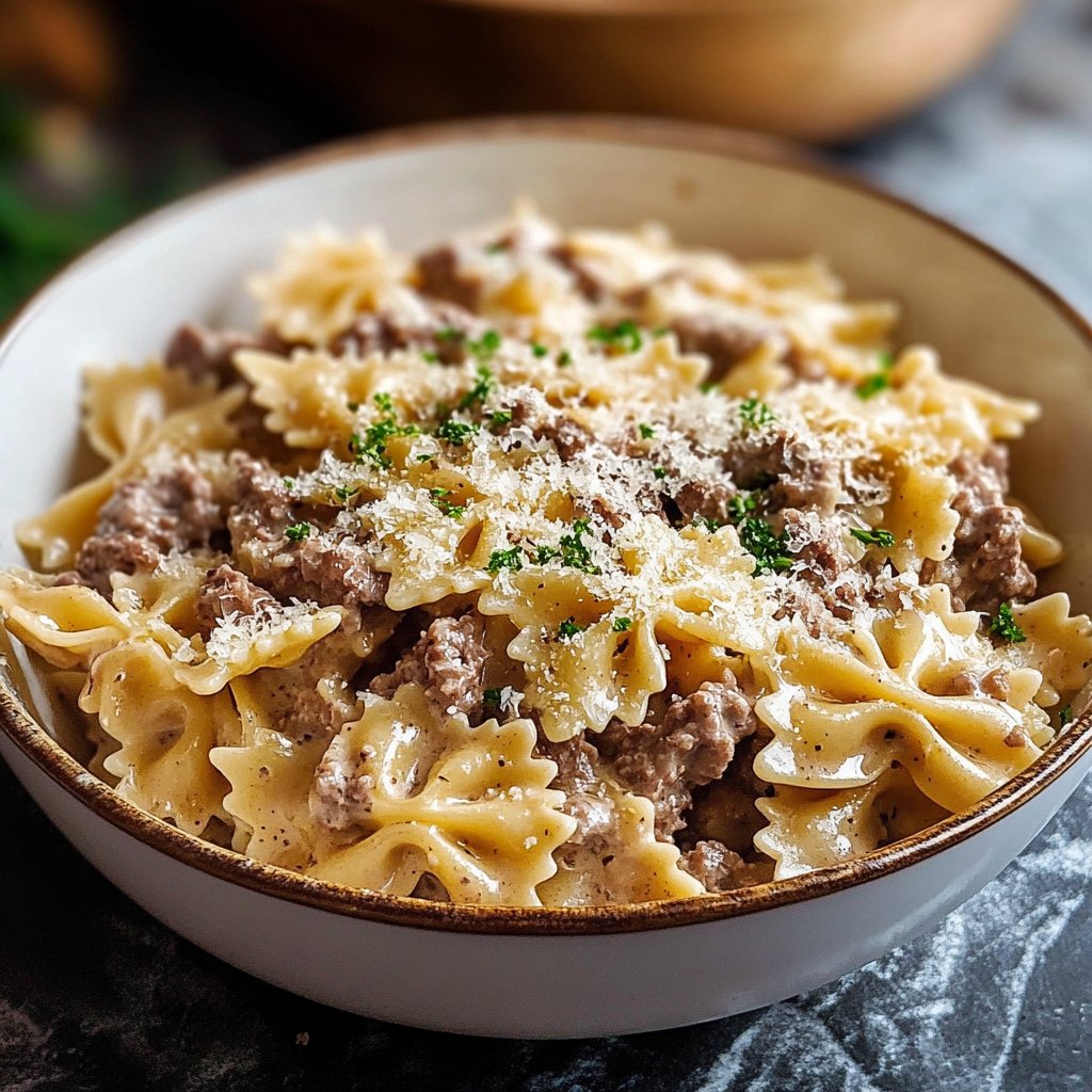 Creamy Parmesan Garlic Beef Bowtie Pasta