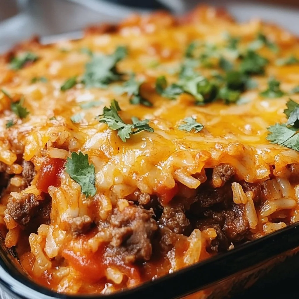 Loaded beef enchilada casserole with rice, topped with cheese and spices.