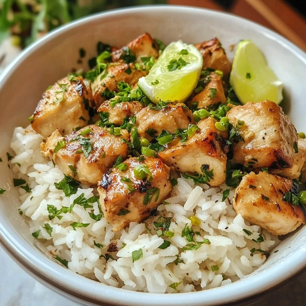 Plate of Coconut Chicken served with rice and herbs