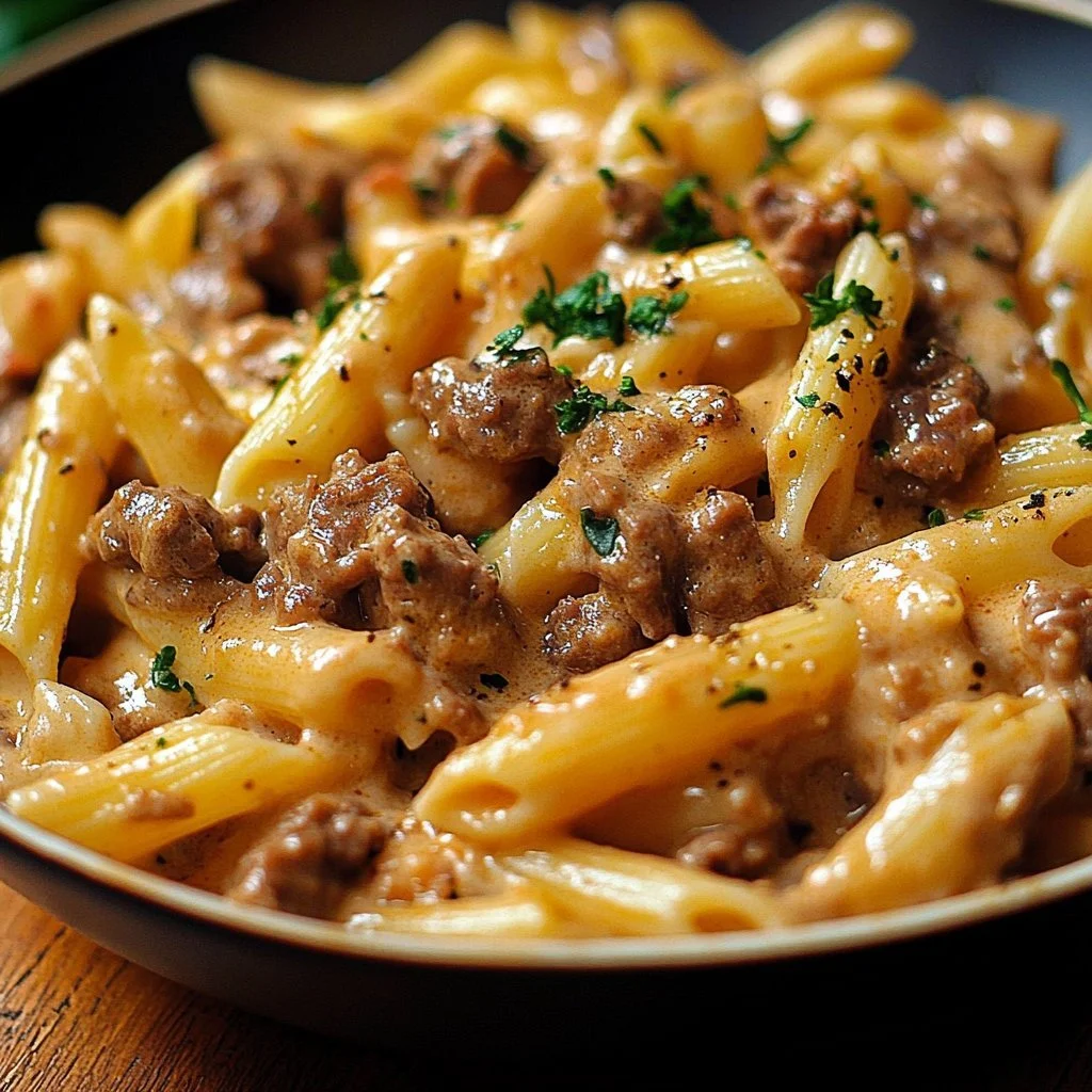 Creamy beef pasta dish served in a bowl with herbs and cheese