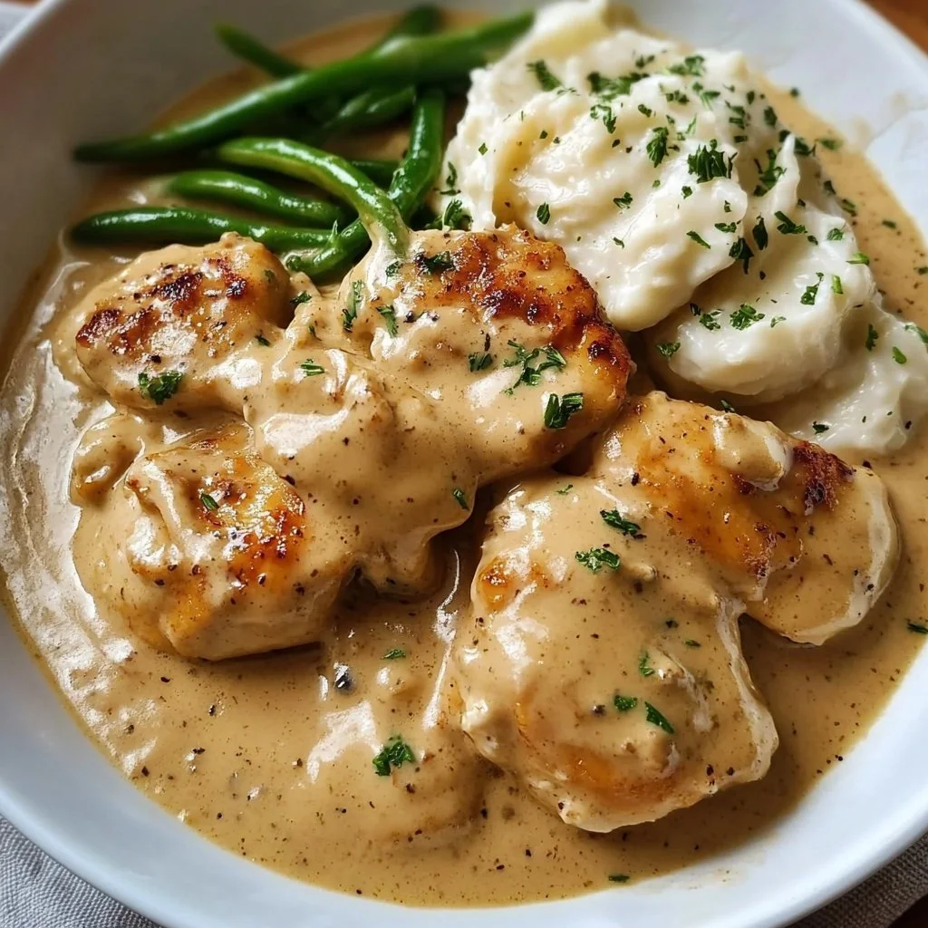 Creamy garlic chicken served on a plate with herbs and side vegetables