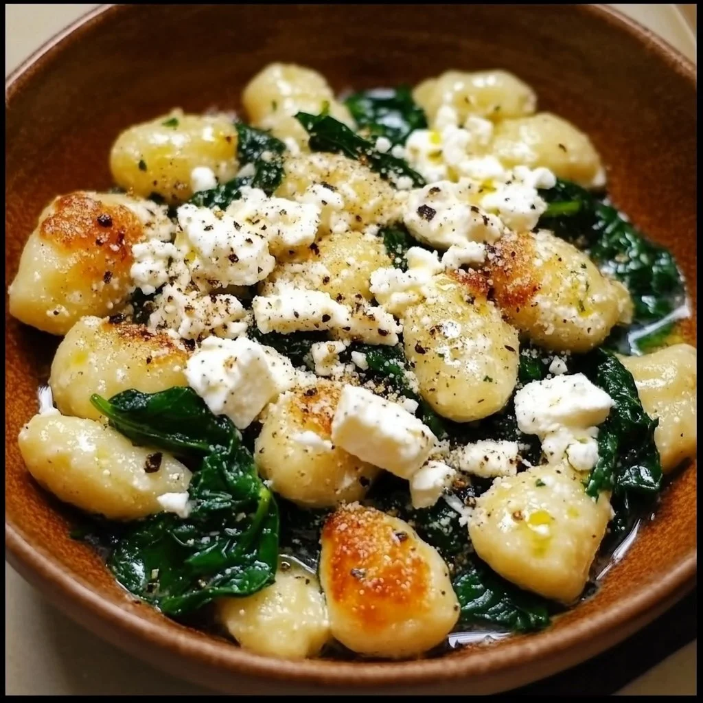 Creamy gnocchi dish with spinach and feta cheese, garnished and served in a bowl.
