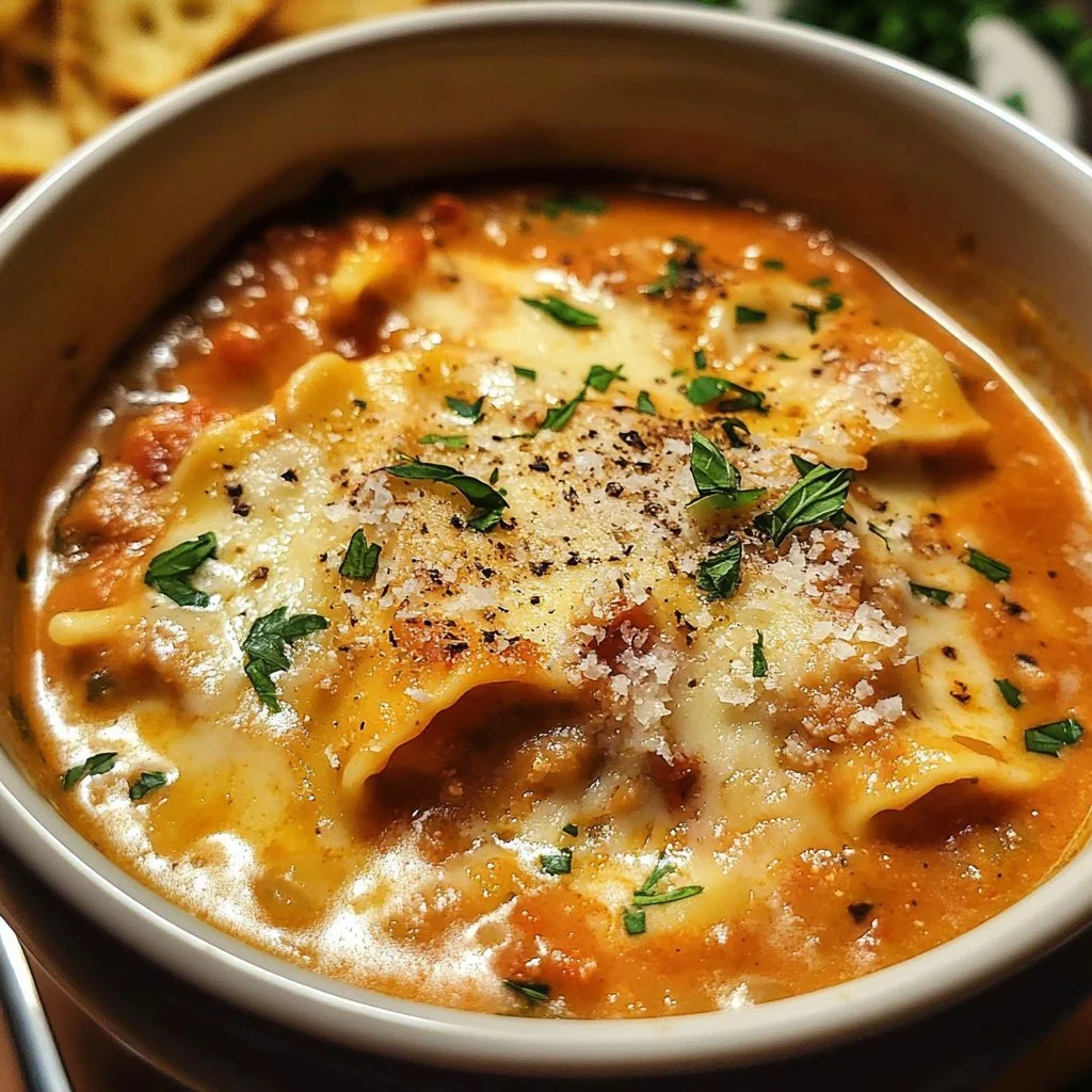 Bowl of creamy lasagna soup garnished with herbs and cheese