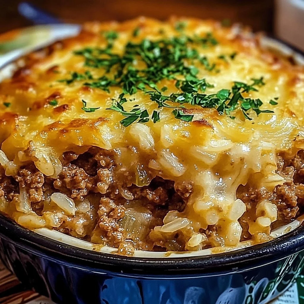 Delicious French onion ground beef and rice casserole served in a dish
