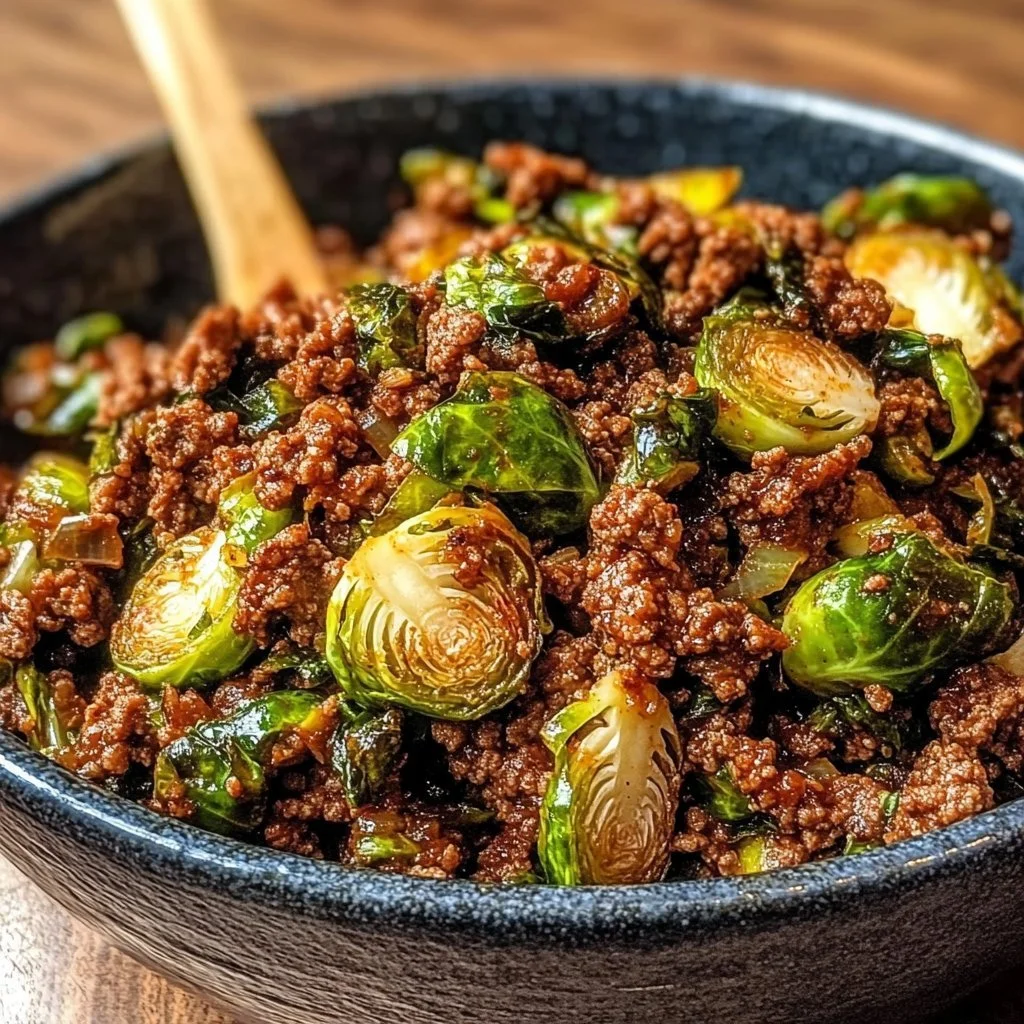 Sweet chili ground beef dish served with Brussels sprouts