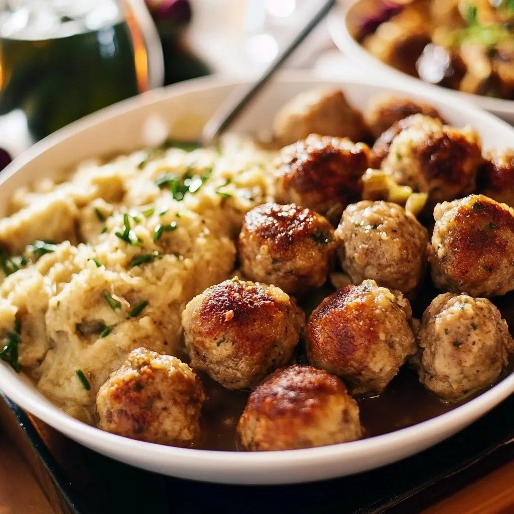 Turkey and stuffing meatballs on a plate garnished with herbs