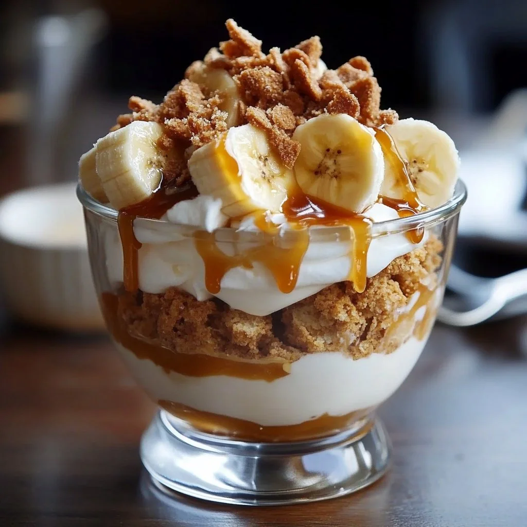 Delicious Biscoff Banana Pudding with Caramel served in a glass bowl.