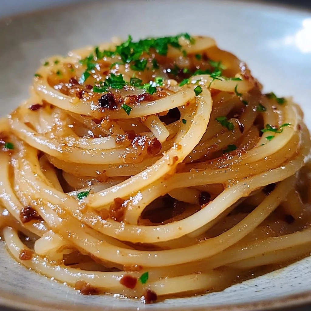 Creamy caramelized onion pasta drizzled with chili oil for a sweet and spicy touch.
