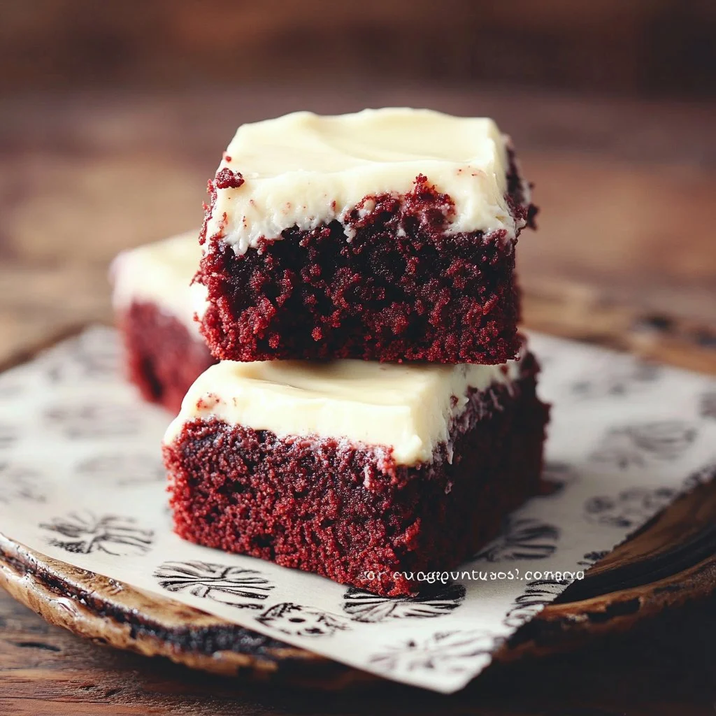 Chewy red velvet brownies with cream cheese frosting on a white plate