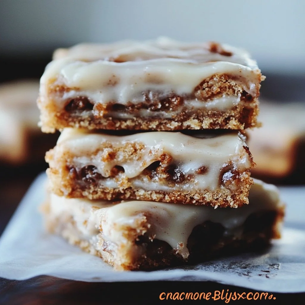Delicious cinnamon roll bliss bars topped with cream cheese frosting