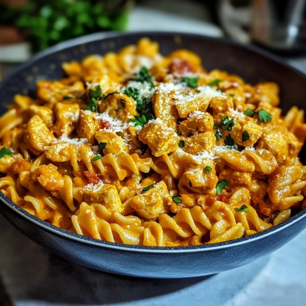 Plate of Cowboy Butter Chicken Pasta garnished with herbs.