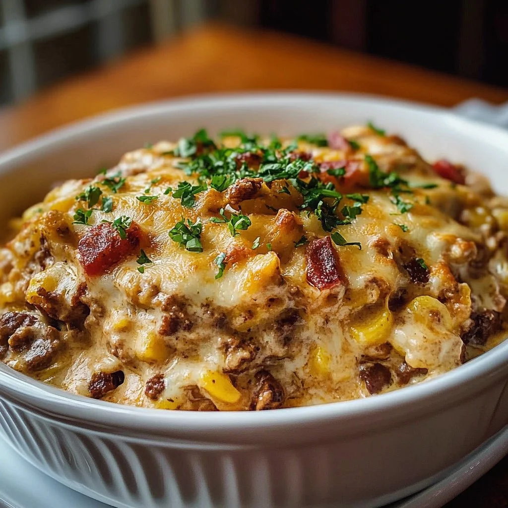 Delicious Cowboy Casserole served in a rustic bowl