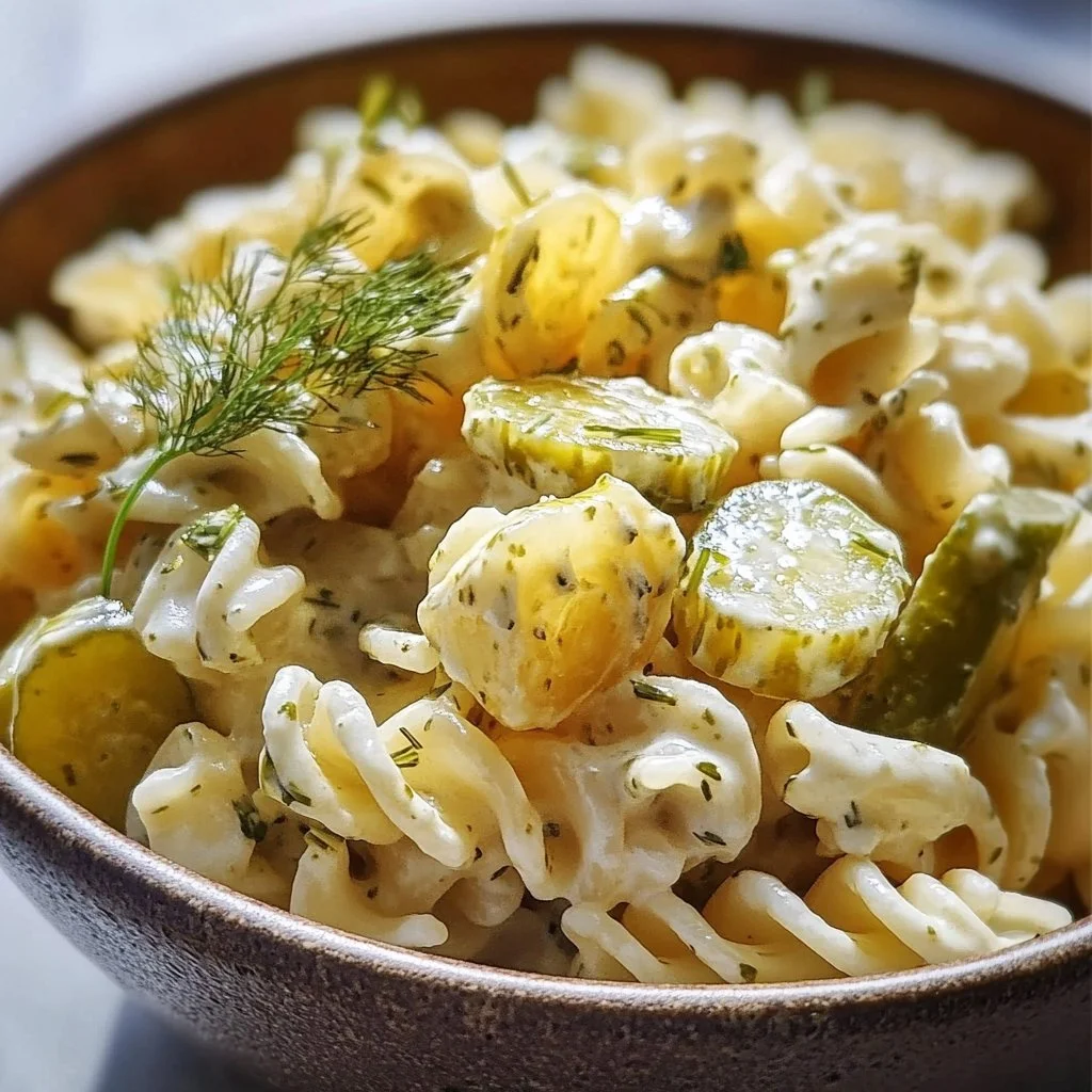 Delicious Dill Pickle Pasta Salad served in a bowl