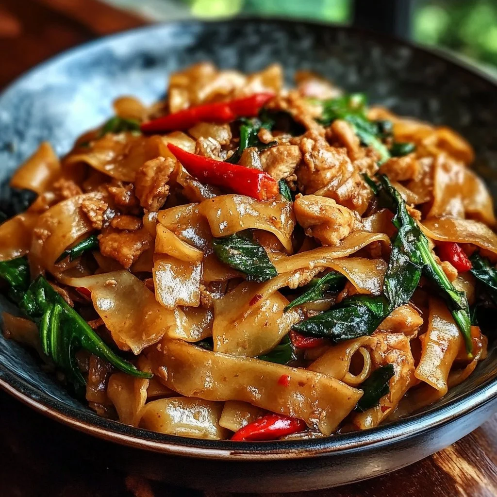 Plate of spicy Drunken Noodles with vegetables and herbs