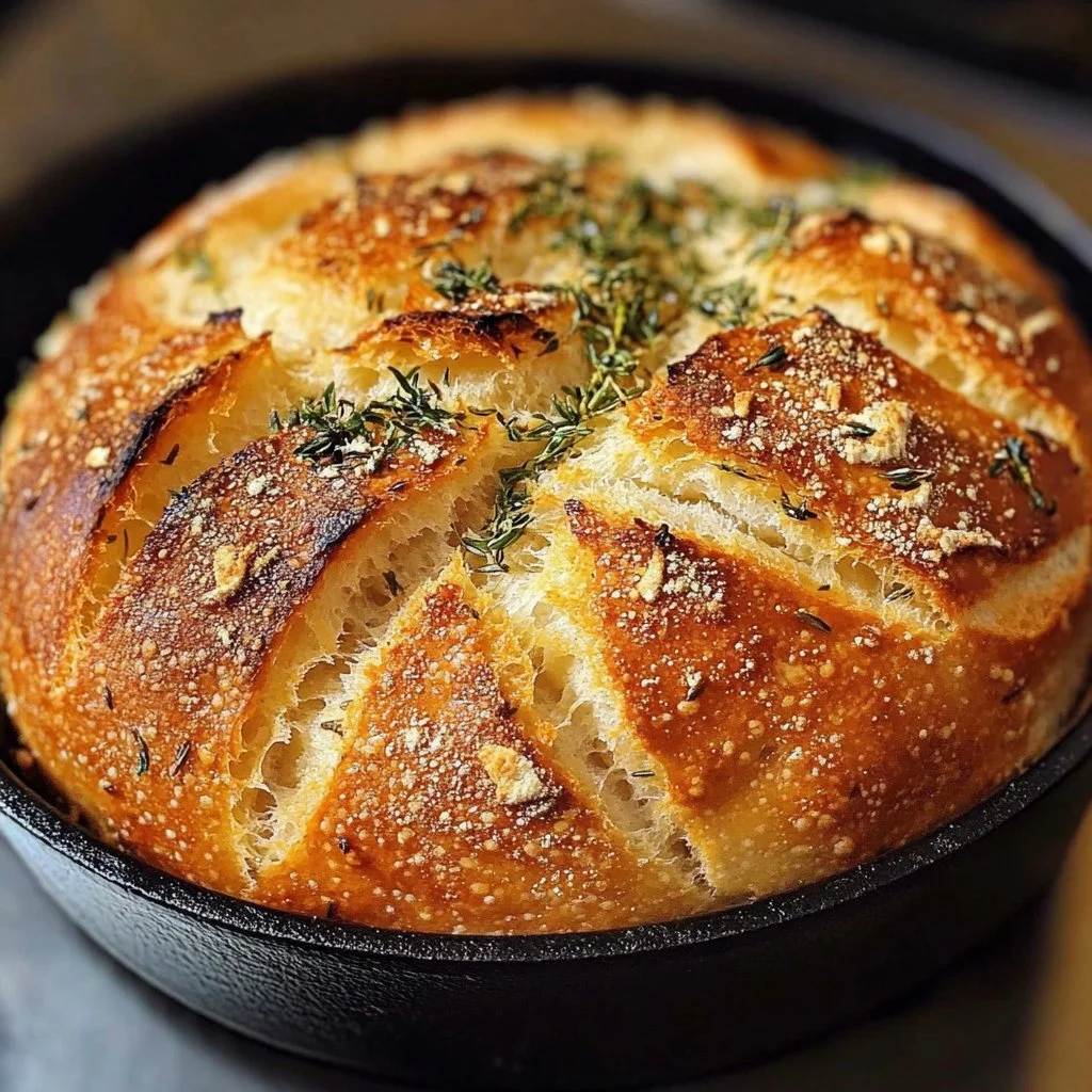 Freshly baked Garlic Herb Dutch Oven Bread on a wooden cutting board.