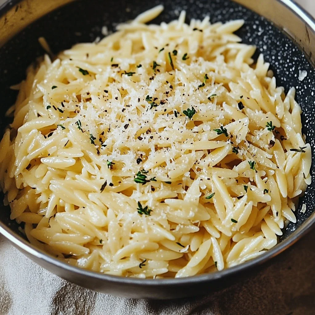 Creamy Garlic Parmesan Orzo pasta in a bowl garnished with parsley.