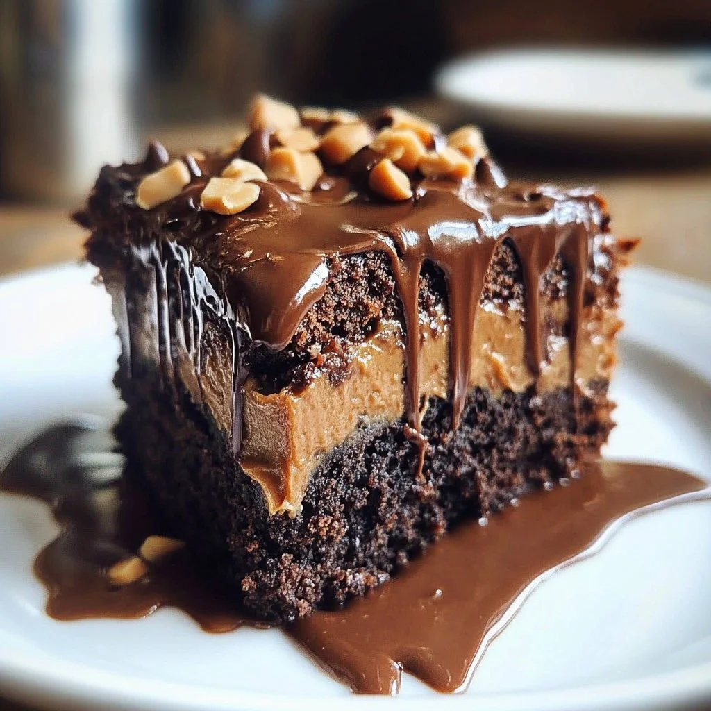 Heavenly chocolate peanut butter ooey gooey cake slice on a plate