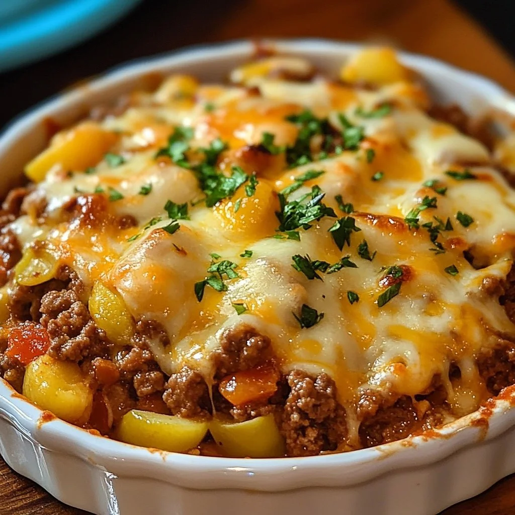 Hobo Casserole with ground beef and vegetables in a baking dish